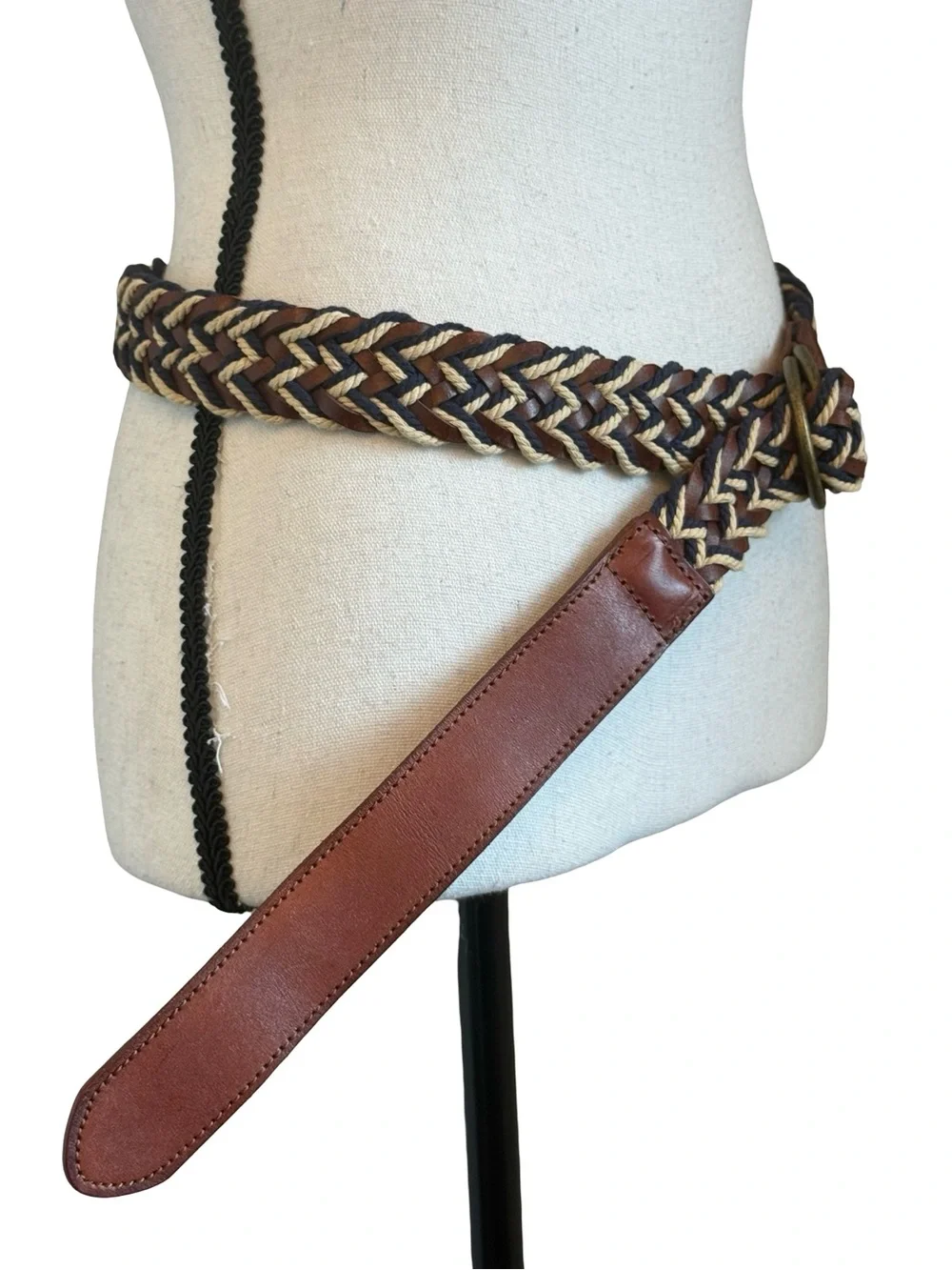 Lucky Brand Braided Leather Rope D Ring Belt Size 36 Brown Navy Cream Woven